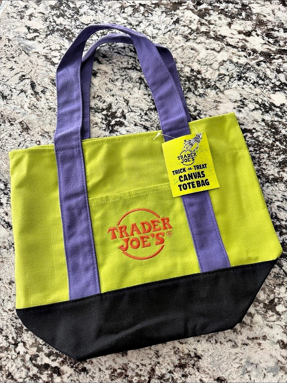 Trader Joe's Trick-or-Treat Mini Canvas Tote Bag Green & Purple
